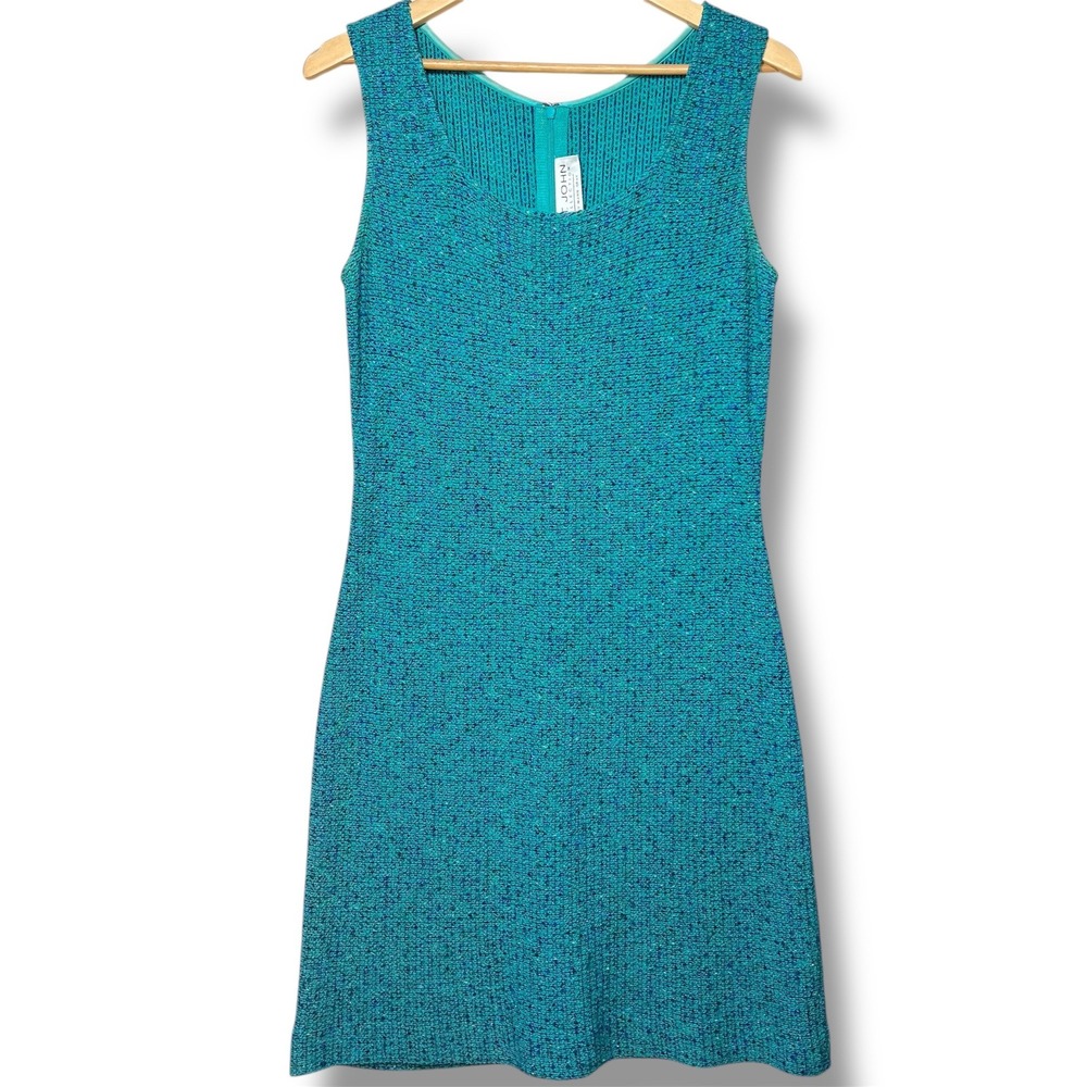 St John Collection Knit Sheath Dress Teal Blue Textured Sleeveless Women's 10‎
